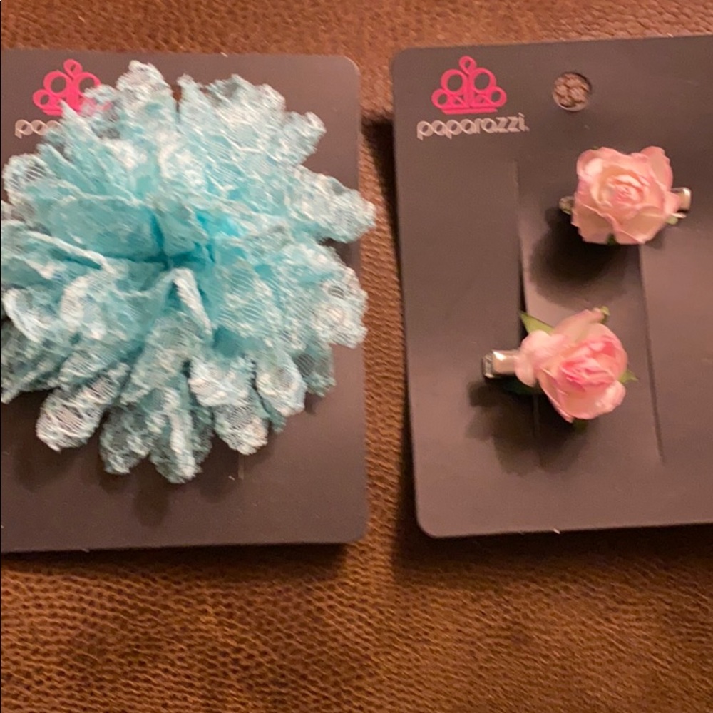 3 flower hair clips NWT blue lace pink rose Papparazi